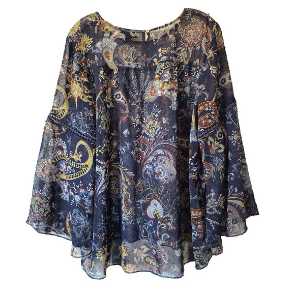 Style & Co Peasant Top XL Sheer Swiss Dot Paisley Blue Career Bell Sleeves Flowy - Picture 2 of 16